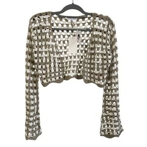 Emory Park Pointellet Crochet Cropped Cardigan Beige White Small NWT Boho